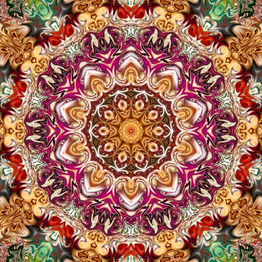 Benzersiz mandala, Oriental yuvarlak desen, mistik motifi, egzotik arka plan. Fantastik fraktal tasarım, geometrik doku parlayan renkli dijital sanat.