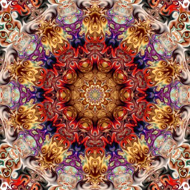 Benzersiz mandala, Oriental yuvarlak desen, mistik motifi, egzotik arka plan. Fantastik fraktal tasarım, geometrik doku parlayan renkli dijital sanat.