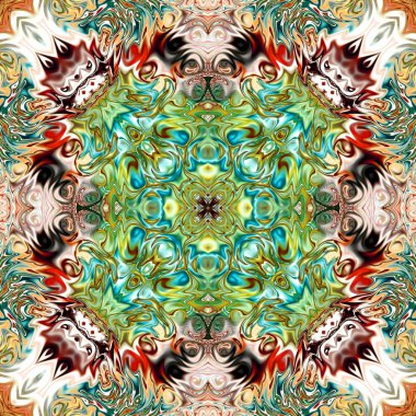 Benzersiz mandala, Oriental yuvarlak desen, mistik motifi, egzotik arka plan. Fantastik fraktal tasarım, geometrik doku parlayan renkli dijital sanat.