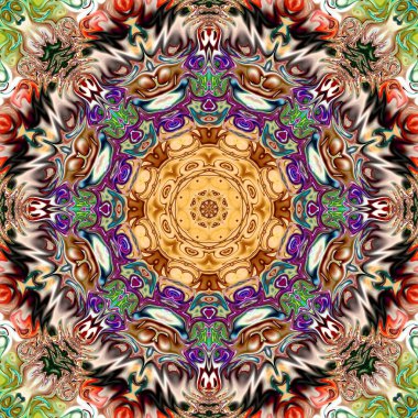 Benzersiz mandala, Oriental yuvarlak desen, mistik motifi, egzotik arka plan. Fantastik fraktal tasarım, geometrik doku parlayan renkli dijital sanat.