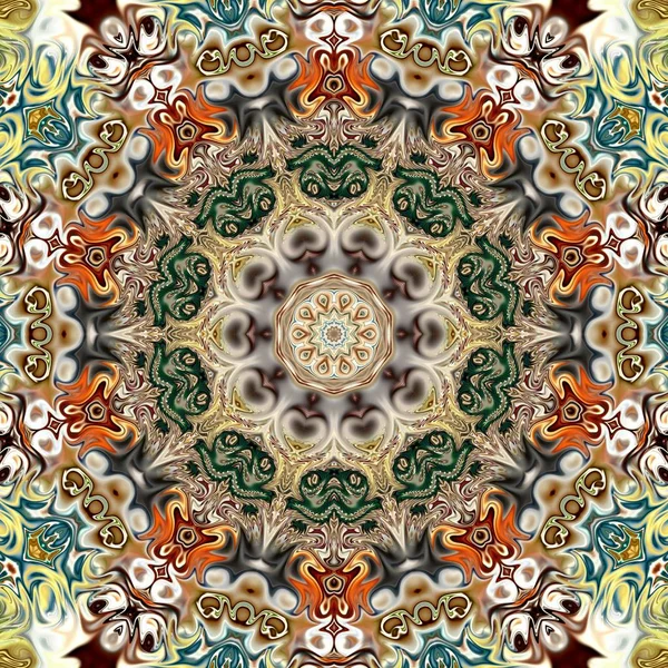 Benzersiz mandala, Oriental yuvarlak desen, mistik motifi, egzotik arka plan. Fantastik fraktal tasarım, geometrik doku parlayan renkli dijital sanat.