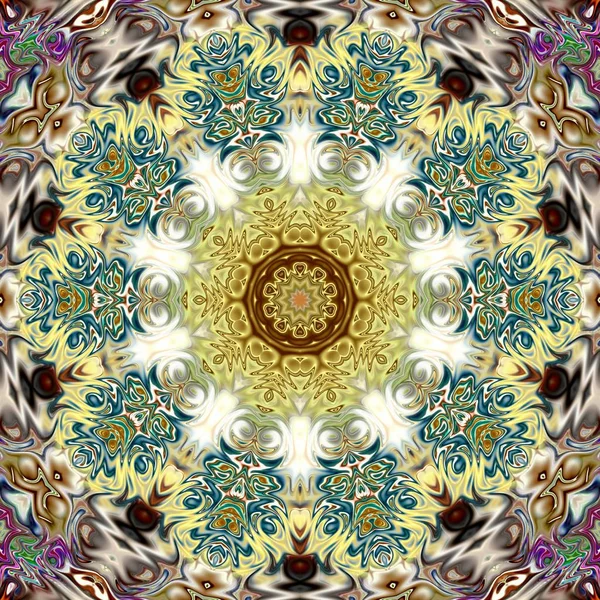 Benzersiz mandala, Oriental yuvarlak desen, mistik motifi, egzotik arka plan. Fantastik fraktal tasarım, geometrik doku parlayan renkli dijital sanat.