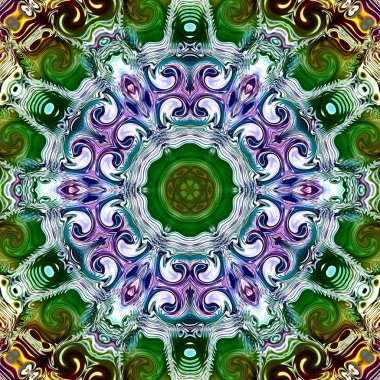 Benzersiz mandala, Oriental yuvarlak desen, mistik motifi, egzotik arka plan. Fantastik fraktal tasarım, geometrik doku parlayan renkli dijital sanat