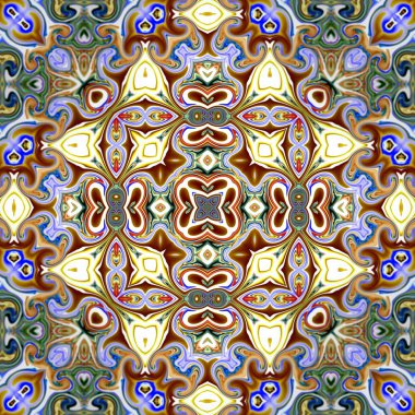 Benzersiz mandala, Oriental yuvarlak desen, mistik motifi, egzotik arka plan. Fantastik fraktal tasarım, geometrik doku parlayan renkli dijital sanat