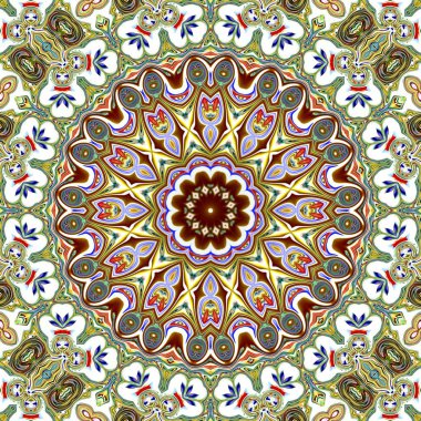 Benzersiz mandala, Oriental yuvarlak desen, mistik motifi, egzotik arka plan. Fantastik fraktal tasarım, geometrik doku parlayan renkli dijital sanat