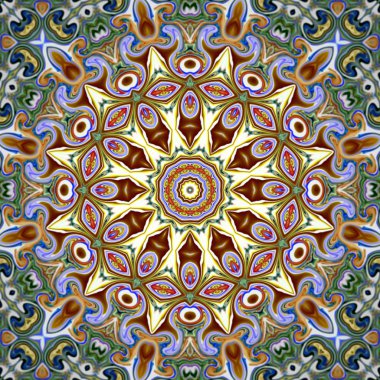 Benzersiz mandala, Oriental yuvarlak desen, mistik motifi, egzotik arka plan. Fantastik fraktal tasarım, geometrik doku parlayan renkli dijital sanat