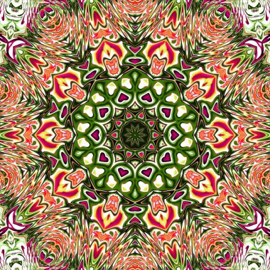 Benzersiz mandala, Oriental yuvarlak desen, mistik motifi, egzotik arka plan. Fantastik fraktal tasarım, geometrik doku parlayan renkli dijital sanat.