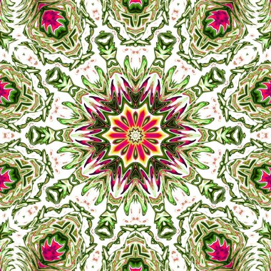 Benzersiz mandala, Oriental yuvarlak desen, mistik motifi, egzotik arka plan. Fantastik fraktal tasarım, geometrik doku parlayan renkli dijital sanat.