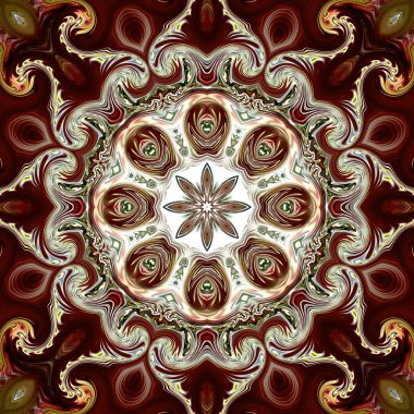 Benzersiz mandala, Oriental yuvarlak desen, mistik motifi, egzotik arka plan. Fantastik fraktal tasarım, geometrik doku parlayan renkli dijital sanat.