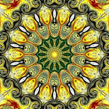 Benzersiz mandala, Oriental yuvarlak desen, mistik motifi, egzotik arka plan. Fantastik fraktal tasarım, geometrik doku parlayan renkli dijital sanat.