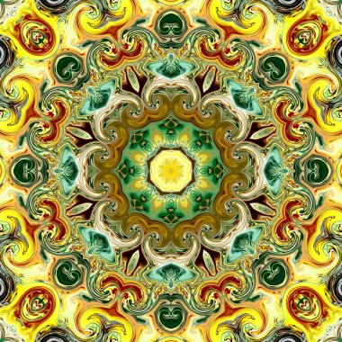 Benzersiz mandala, Oriental yuvarlak desen, mistik motifi, egzotik arka plan. Fantastik fraktal tasarım, geometrik doku parlayan renkli dijital sanat.