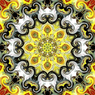 Benzersiz mandala, Oriental yuvarlak desen, mistik motifi, egzotik arka plan. Fantastik fraktal tasarım, geometrik doku parlayan renkli dijital sanat.