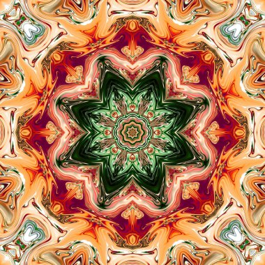 Benzersiz mandala, Oriental yuvarlak desen, mistik motifi, egzotik arka plan. Fantastik fraktal tasarım, geometrik doku parlayan renkli dijital sanat.