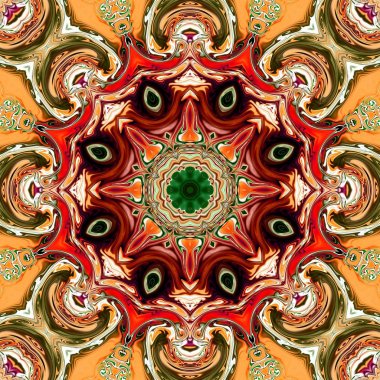 Benzersiz mandala, Oriental yuvarlak desen, mistik motifi, egzotik arka plan. Fantastik fraktal tasarım, geometrik doku parlayan renkli dijital sanat.