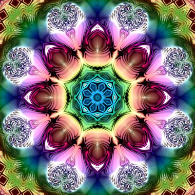 Benzersiz mandala, Oriental yuvarlak desen, mistik motifi, egzotik arka plan. Fantastik fraktal tasarım, geometrik doku parlayan renkli dijital sanat