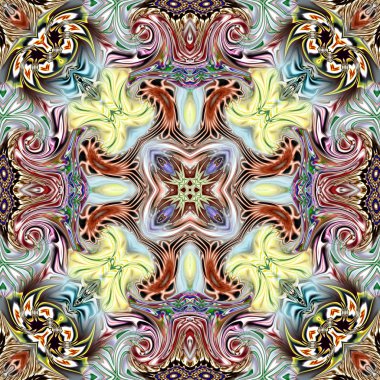 Benzersiz mandala, Oriental yuvarlak desen, mistik motifi, egzotik arka plan. Fantastik fraktal tasarım, geometrik doku parlayan renkli dijital sanat