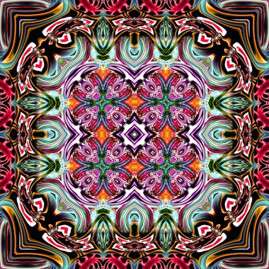 Benzersiz mandala, Oriental yuvarlak desen, mistik motifi, egzotik arka plan. Fantastik fraktal tasarım, geometrik doku parlayan renkli dijital sanat