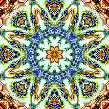 Benzersiz mandala, Oriental yuvarlak desen, mistik motifi, egzotik arka plan. Fantastik fraktal tasarım, geometrik doku parlayan renkli dijital sanat