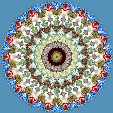 Benzersiz mandala, Oriental yuvarlak desen, mistik motifi, egzotik arka plan. Fantastik fraktal tasarım, geometrik doku parlayan renkli dijital sanat.