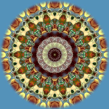 Benzersiz mandala, Oriental yuvarlak desen, mistik motifi, egzotik arka plan. Fantastik fraktal tasarım, geometrik doku parlayan renkli dijital sanat.