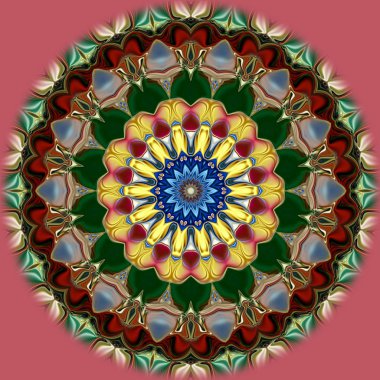 Benzersiz mandala, Oriental yuvarlak desen, mistik motifi, egzotik arka plan. Fantastik fraktal tasarım, geometrik doku parlayan renkli dijital sanat.