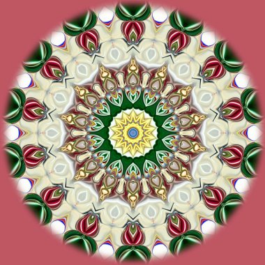 Benzersiz mandala, Oriental yuvarlak desen, mistik motifi, egzotik arka plan. Fantastik fraktal tasarım, geometrik doku parlayan renkli dijital sanat.