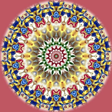 Benzersiz mandala, Oriental yuvarlak desen, mistik motifi, egzotik arka plan. Fantastik fraktal tasarım, geometrik doku parlayan renkli dijital sanat.