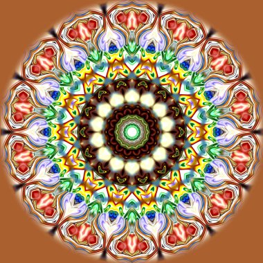 Benzersiz mandala, Oriental yuvarlak desen, mistik motifi, egzotik arka plan. Fantastik fraktal tasarım, geometrik doku parlayan renkli dijital sanat.