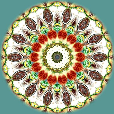 Benzersiz mandala, Oriental yuvarlak desen, mistik motifi, egzotik arka plan. Fantastik fraktal tasarım, geometrik doku parlayan renkli dijital sanat.