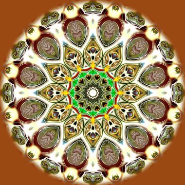 Benzersiz mandala, Oriental yuvarlak desen, mistik motifi, egzotik arka plan. Fantastik fraktal tasarım, geometrik doku parlayan renkli dijital sanat.