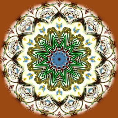 Benzersiz mandala, Oriental yuvarlak desen, mistik motifi, egzotik arka plan. Fantastik fraktal tasarım, geometrik doku parlayan renkli dijital sanat.