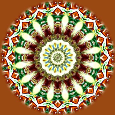 Benzersiz mandala, Oriental yuvarlak desen, mistik motifi, egzotik arka plan. Fantastik fraktal tasarım, geometrik doku parlayan renkli dijital sanat.