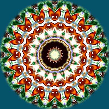 Benzersiz mandala, Oriental yuvarlak desen, mistik motifi, egzotik arka plan. Fantastik fraktal tasarım, geometrik doku parlayan renkli dijital sanat.