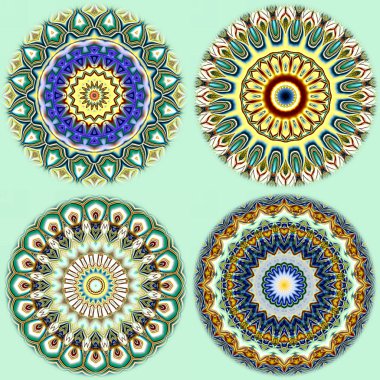 Benzersiz mandala, Oriental yuvarlak desen, mistik motifi, egzotik arka plan. Fantastik fraktal tasarım, geometrik doku parlayan renkli dijital sanat.