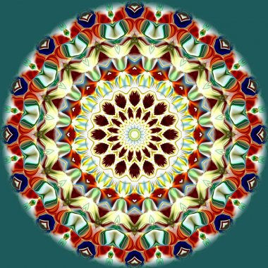 Benzersiz mandala, Oriental yuvarlak desen, mistik motifi, egzotik arka plan. Fantastik fraktal tasarım, geometrik doku parlayan renkli dijital sanat.
