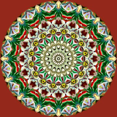 Benzersiz mandala, Oriental yuvarlak desen, mistik motifi, egzotik arka plan. Fantastik fraktal tasarım, geometrik doku parlayan renkli dijital sanat.