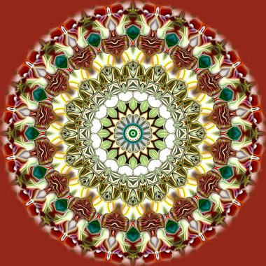 Benzersiz mandala, Oriental yuvarlak desen, mistik motifi, egzotik arka plan. Fantastik fraktal tasarım, geometrik doku parlayan renkli dijital sanat.