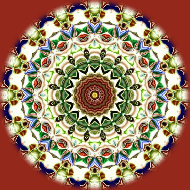 Benzersiz mandala, Oriental yuvarlak desen, mistik motifi, egzotik arka plan. Fantastik fraktal tasarım, geometrik doku parlayan renkli dijital sanat.