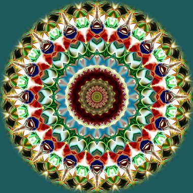 Benzersiz mandala, Oriental yuvarlak desen, mistik motifi, egzotik arka plan. Fantastik fraktal tasarım, geometrik doku parlayan renkli dijital sanat.