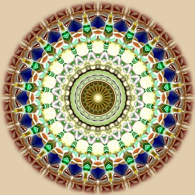 Benzersiz mandala, Oriental yuvarlak desen, mistik motifi, egzotik arka plan. Fantastik fraktal tasarım, geometrik doku parlayan renkli dijital sanat.