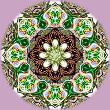 Benzersiz mandala, Oriental yuvarlak desen, mistik motifi, egzotik arka plan. Fantastik fraktal tasarım, geometrik doku parlayan renkli dijital sanat.