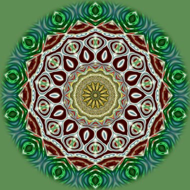 Benzersiz mandala, Oriental yuvarlak desen, mistik motifi, egzotik arka plan. Fantastik fraktal tasarım, geometrik doku parlayan renkli dijital sanat.