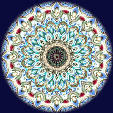 Benzersiz mandala, Oriental yuvarlak desen, mistik motifi, egzotik arka plan. Fantastik fraktal tasarım, geometrik doku parlayan renkli dijital sanat.