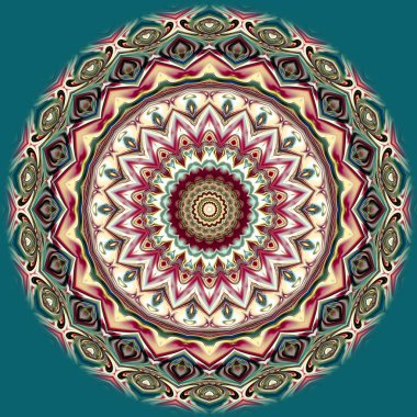 Benzersiz mandala, Oriental yuvarlak desen, mistik motifi, egzotik arka plan. Fantastik fraktal tasarım, geometrik doku parlayan renkli dijital sanat.
