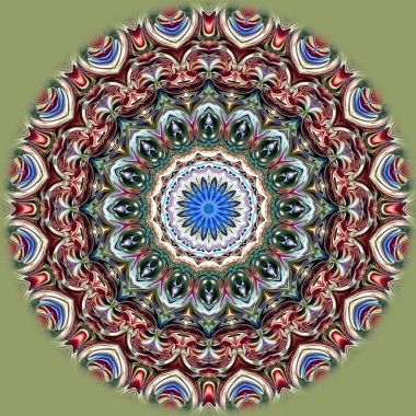 Benzersiz mandala, Oriental yuvarlak desen, mistik motifi, egzotik arka plan. Fantastik fraktal tasarım, geometrik doku parlayan renkli dijital sanat.