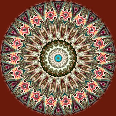 Benzersiz mandala, Oriental yuvarlak desen, mistik motifi, egzotik arka plan. Fantastik fraktal tasarım, geometrik doku parlayan renkli dijital sanat.