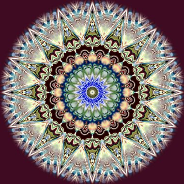 Benzersiz mandala, Oriental yuvarlak desen, mistik motifi, egzotik arka plan. Fantastik fraktal tasarım, geometrik doku parlayan renkli dijital sanat.