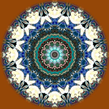 Benzersiz mandala, Oriental yuvarlak desen, mistik motifi, egzotik arka plan. Fantastik fraktal tasarım, geometrik doku parlayan renkli dijital sanat.
