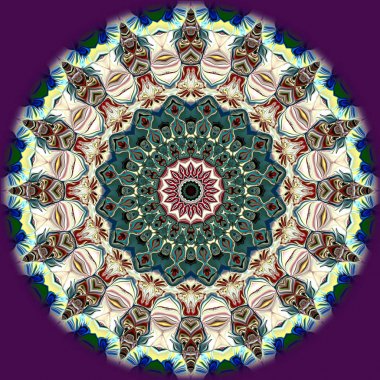 Benzersiz mandala, Oriental yuvarlak desen, mistik motifi, egzotik arka plan. Fantastik fraktal tasarım, geometrik doku parlayan renkli dijital sanat.