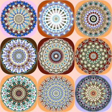  Benzersiz mandala, Oriental yuvarlak desen, mistik motifi, egzotik arka plan. Fantastik fraktal tasarım, geometrik doku parlayan renkli dijital sanat.